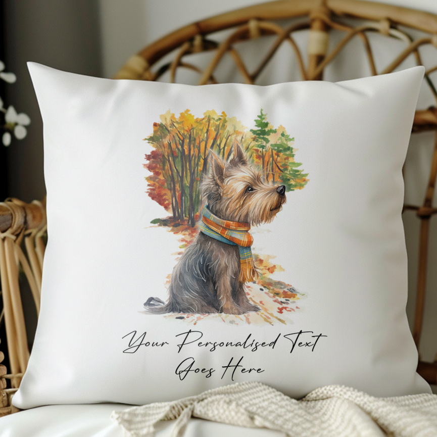 Personalise Yorkshire Terrier – on an Autmn Winter Walk wearing a scarf Pet Gift Cushion, by Floppsie Moppsie – floppsiemoppsie at floppsiemoppsie.co.uk