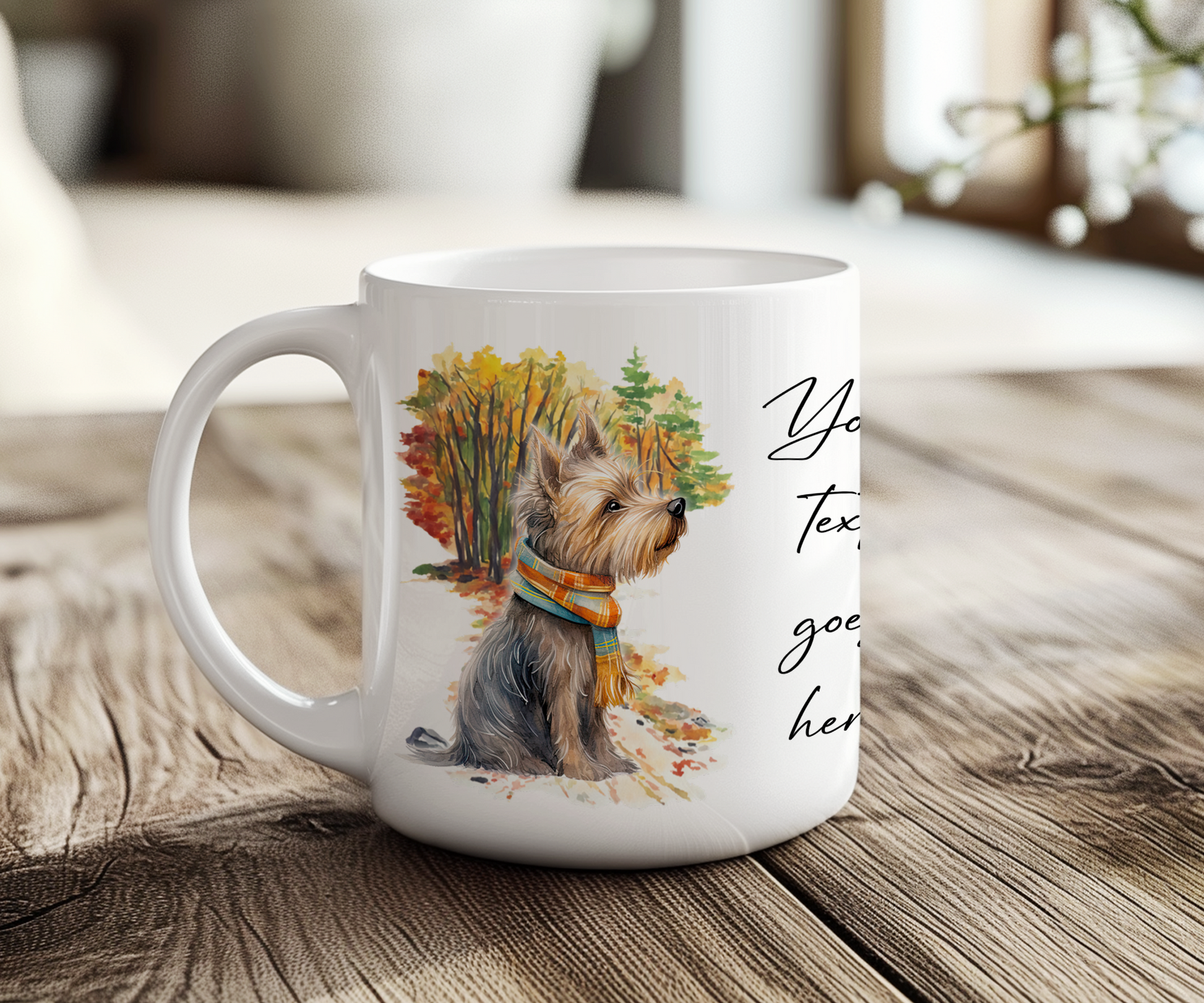 Personalised Yorkshire Terrier Dog  Gift Mug wearing an Autumn scarf on a walk