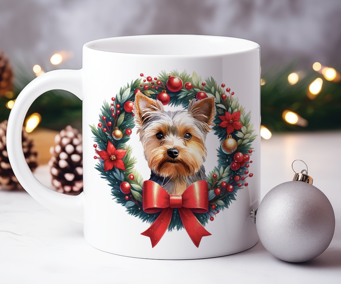 Personalised Yorkshire Terrier Dog Christmas Wreath Gift Mug