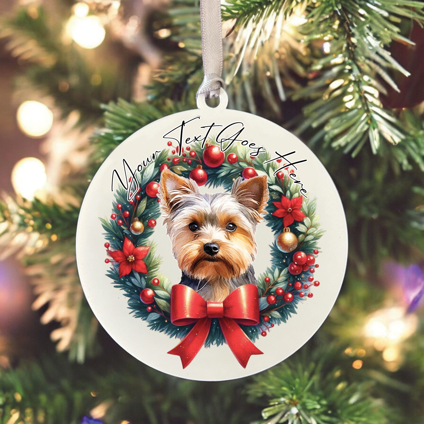 Personalised Yorkshire Terrier Dog Christmas Wreath - Hanging Bauble Decoration