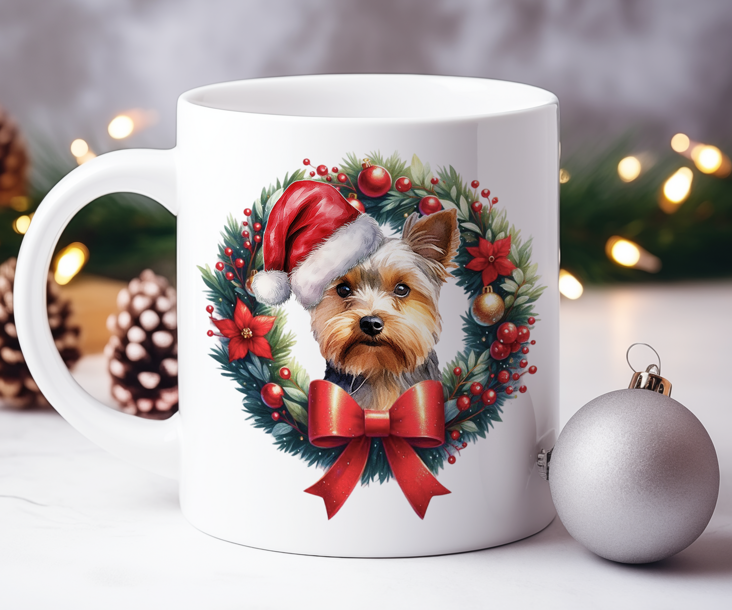 Personalised Yorkshire Terrier Dog Christmas Wreath Gift Mug