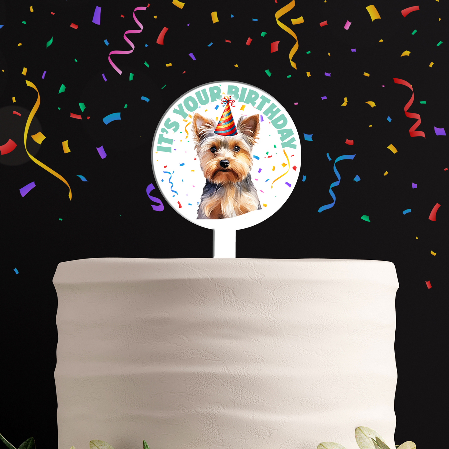 Personalised Dog Party Hat Cake Topper - Yorkshire Terrier