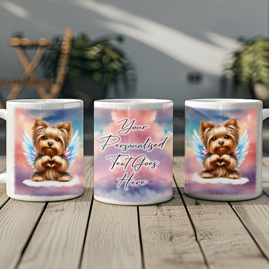 Personalised Dog Memorial Mug of Yorkshire Terrier with wings in clouds making a heart sign - Keepsake Gift Mug, by Floppsie Moppsie – floppsiemoppsie at floppsiemoppsie.co.uk