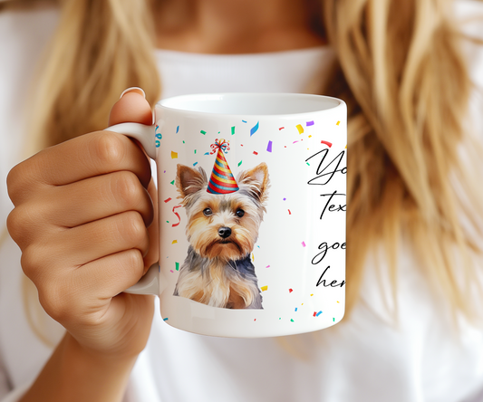 Personalised Dog Gift Mug - Yorkshire Terrier with Birthday Congratulations Party Hat