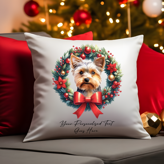 Personalised Yorkshire Terrier in a Christmas wreath - Keepsake Gift cushion, by Floppsie Moppsie – floppsiemoppsie at floppsiemoppsie.co.uk