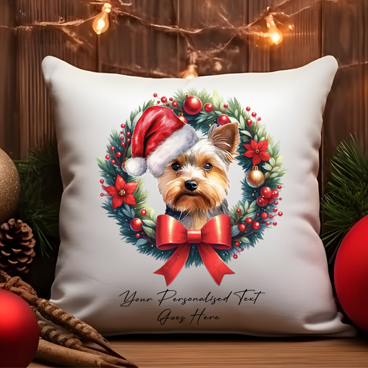 Personalised Yorkshire Terrier with Santa Hat in a Christmas wreath - Keepsake Gift cushion, by Floppsie Moppsie – floppsiemoppsie at floppsiemoppsie.co.uk