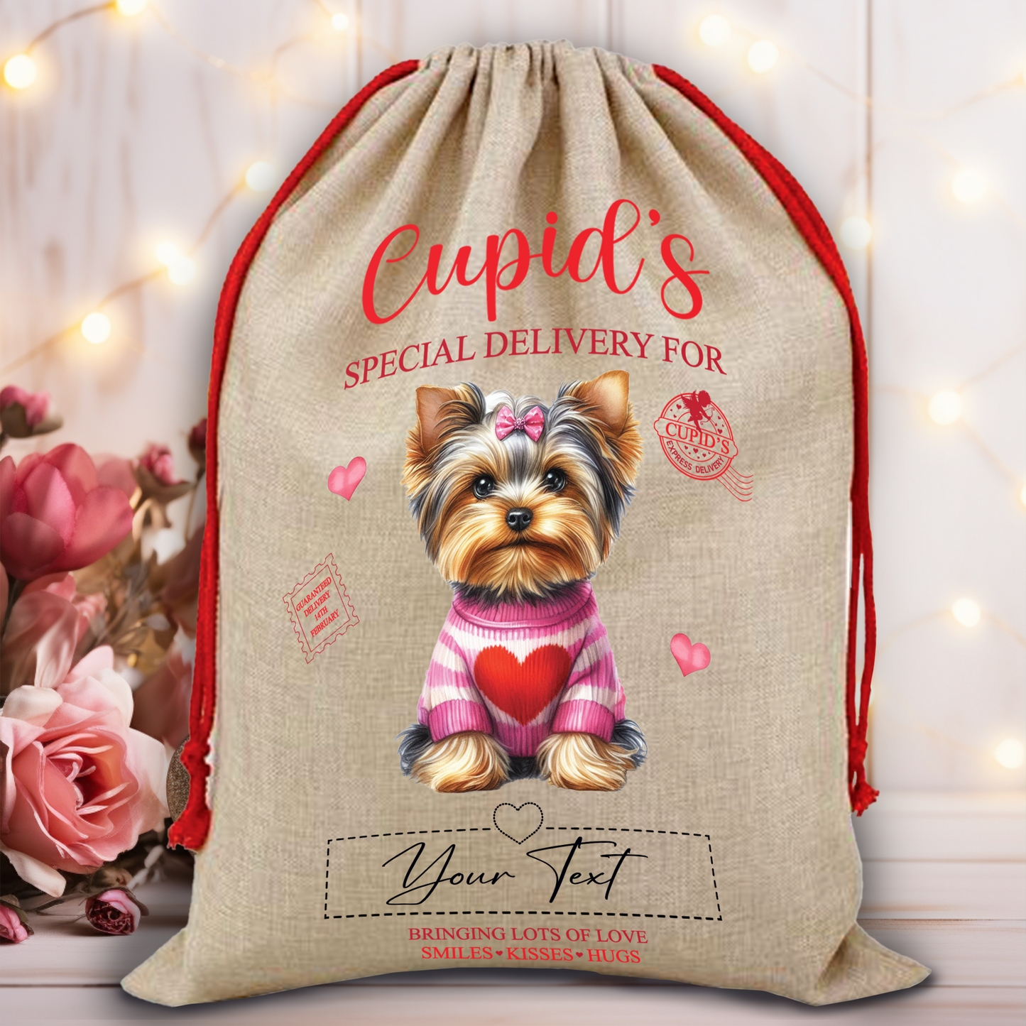 Personalised Dog Love Heart Valentine Anniversary Gift Sack - Yorkshire Terrier