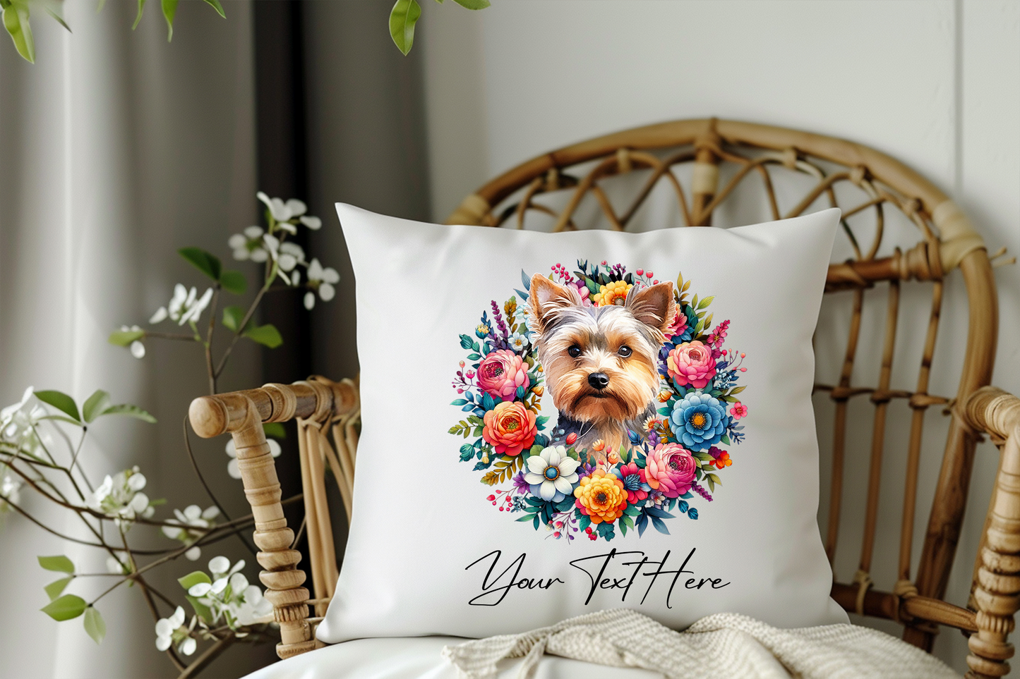 Personalised Floral Summer Pet Dog Wreath with Yorkshire Terrier - Keepsake Gift Cushion, by Floppsie Moppsie – floppsiemoppsie at floppsiemoppsie.co.uk