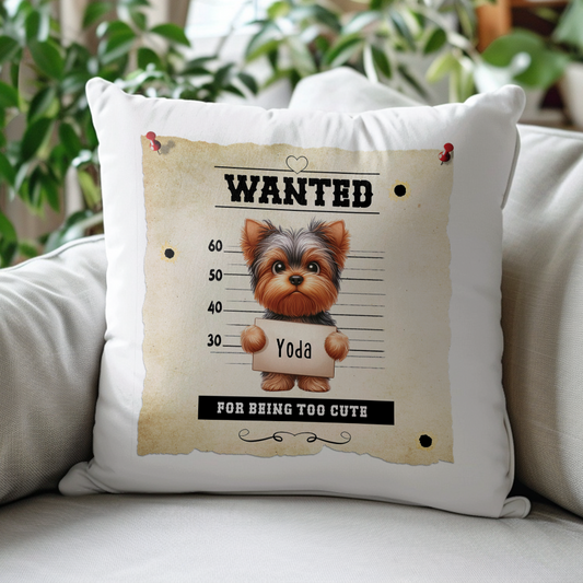 Personalised Dog WANTED Yorkshire Terrier in a line-up - Keepsake Gift Cushion, by Floppsie Moppsie – floppsiemoppsie at floppsiemoppsie.co.uk