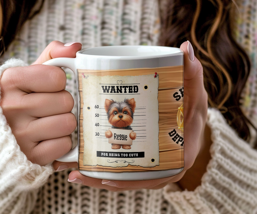 Personalised WANTED Pet Dog mug of a cute Yorkshire Terrier on a wanted poster - Keepsake Gift, by Floppsie Moppsie – floppsiemoppsie at floppsiemoppsie.co.uk