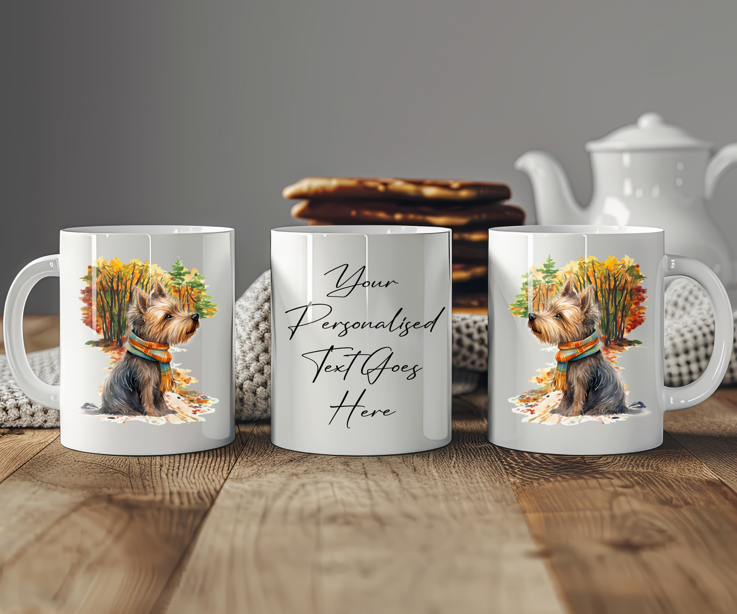 Personalised Yorkshire Terrier Dog  Gift Mug wearing an Autumn scarf on a walk