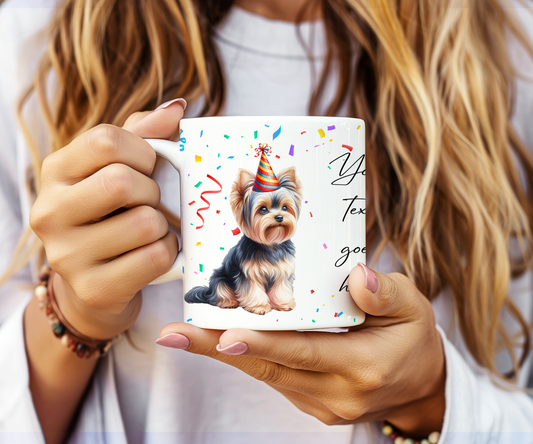 Personalised Dog Gift Mug - Yorkshire Terrier with Birthday Congratulations Party Hat B