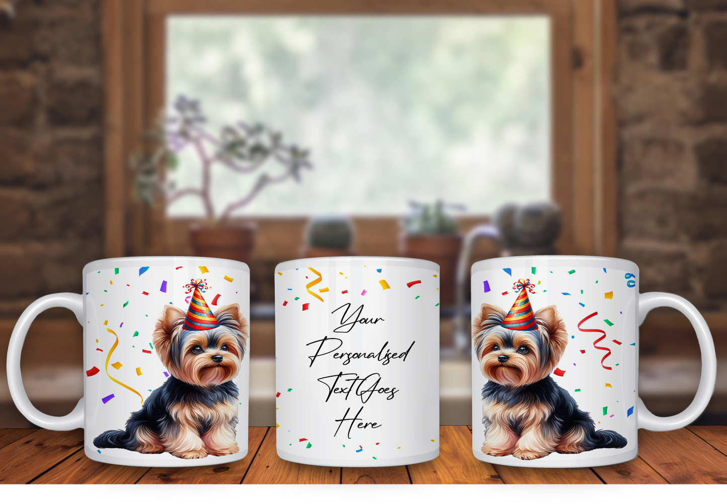 Personalised Dog Gift Mug - Yorkshire Terrier with Birthday Congratulations Party Hat B