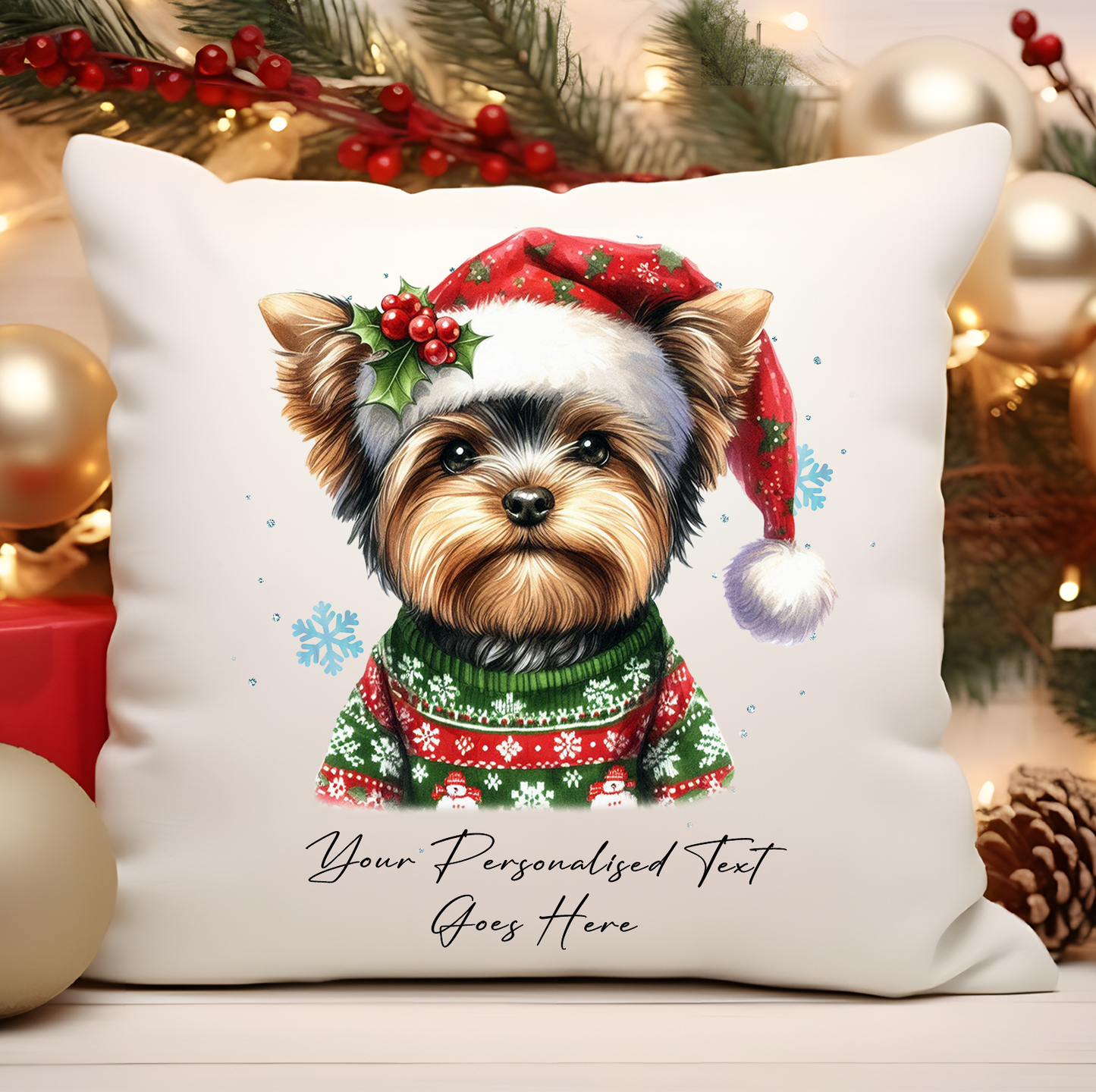 Personalised Yorkshire Terrier Dog Christmas Jumper Cushion Cover Gift - Style B