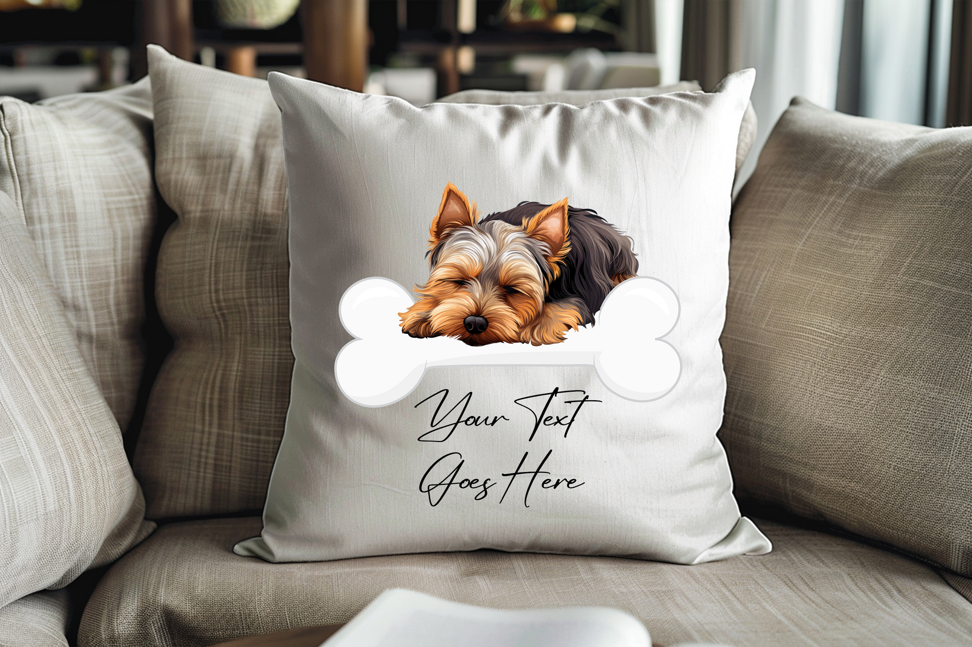 Personalised Yorkshire Terrier sleeping on a bone Pet Dog Keepsake Gift Cushion, by Floppsie Moppsie – floppsiemoppsie at floppsiemoppsie.co.uk