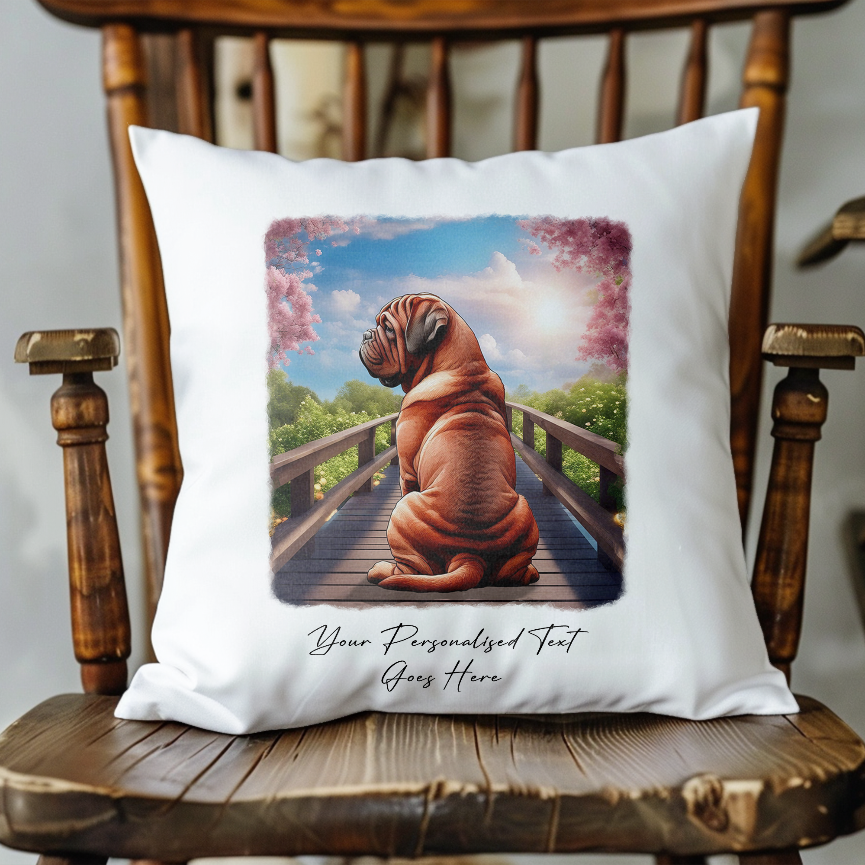 Personalised Dogue de Bordeaux – Looking out across a Bridge Pet Gift Cushion, by Floppsie Moppsie – floppsiemoppsie at floppsiemoppsie.co.uk