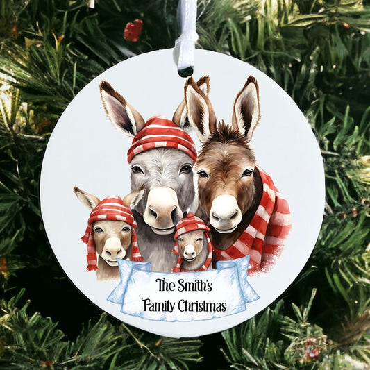 Personalised Donkey Family - Acrylic Bauble Christmas Tree Ornament Decoration Gift Keepsake