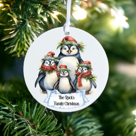 Personalised Penguin Family - Acrylic Bauble Christmas Tree Ornament Decoration Gift Keepsake