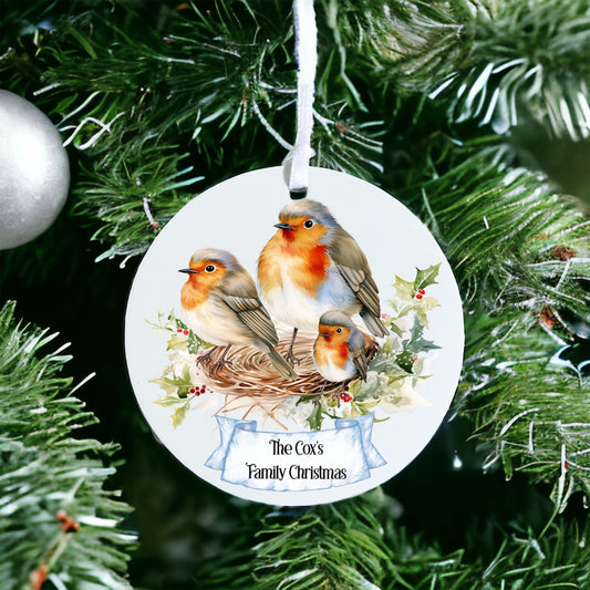 Personalised Robin Family - Acrylic Bauble Christmas Tree Ornament Decoration Gift Keepsake