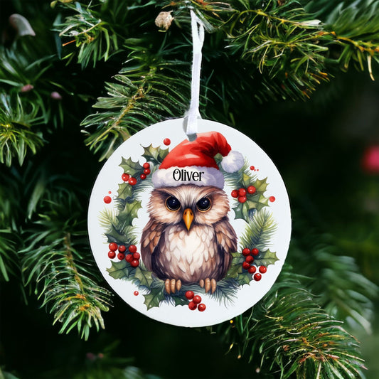 Personalised Owl With Hat - Acrylic Bauble Christmas Tree Ornament Decoration Gift Keepsake