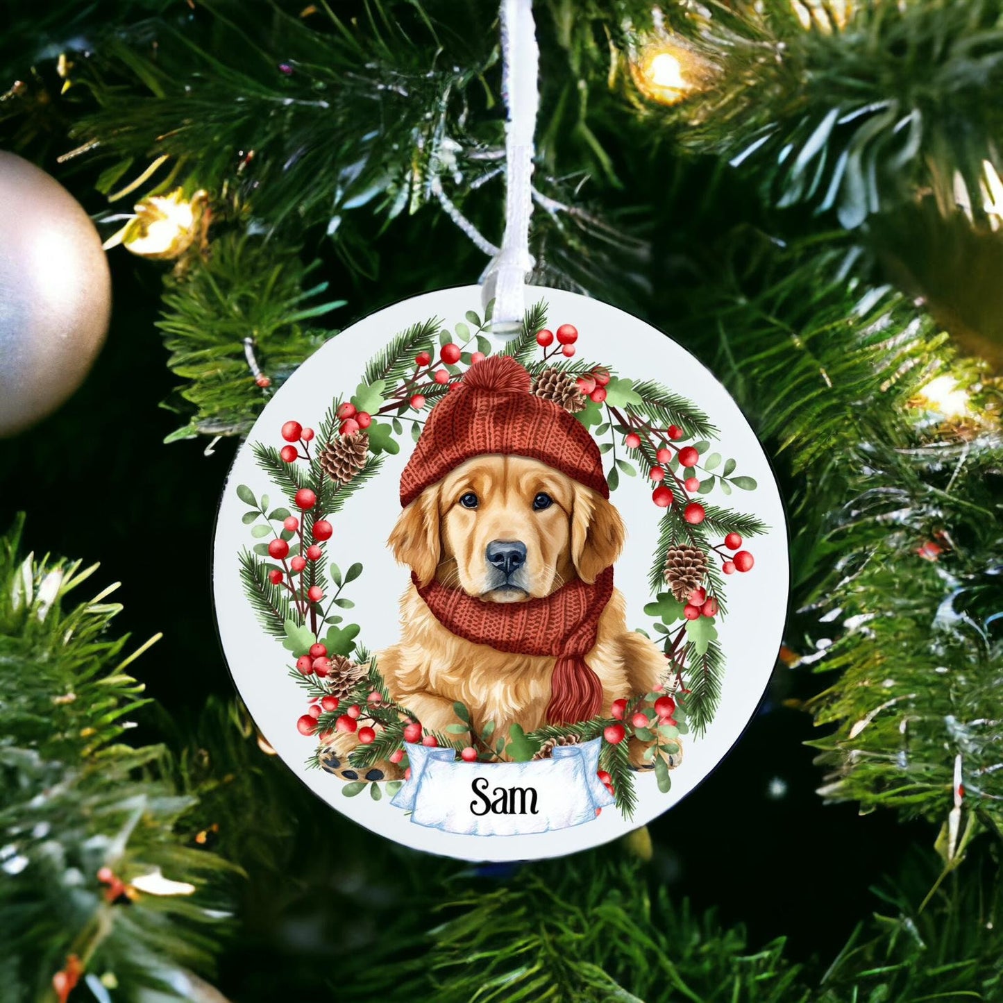 Personalised Pet Golden Retriever Dog With Scarf - Acrylic Bauble Christmas Tree Ornament Decoration Gift Keepsake