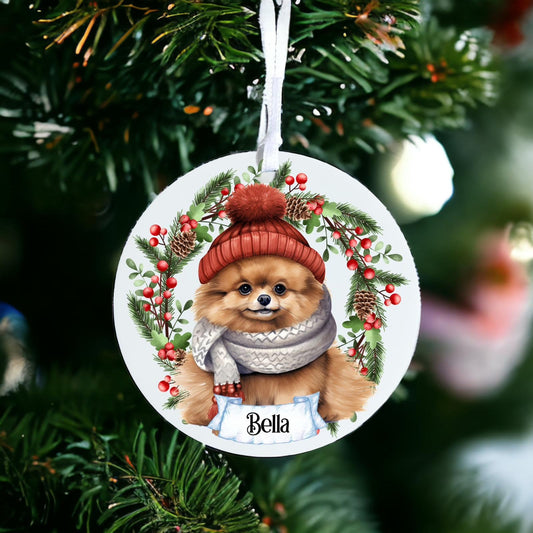 Personalised Pet Pomeranian Dog With Scarf - Acrylic Bauble Christmas Tree Ornament Decoration Gift Keepsake