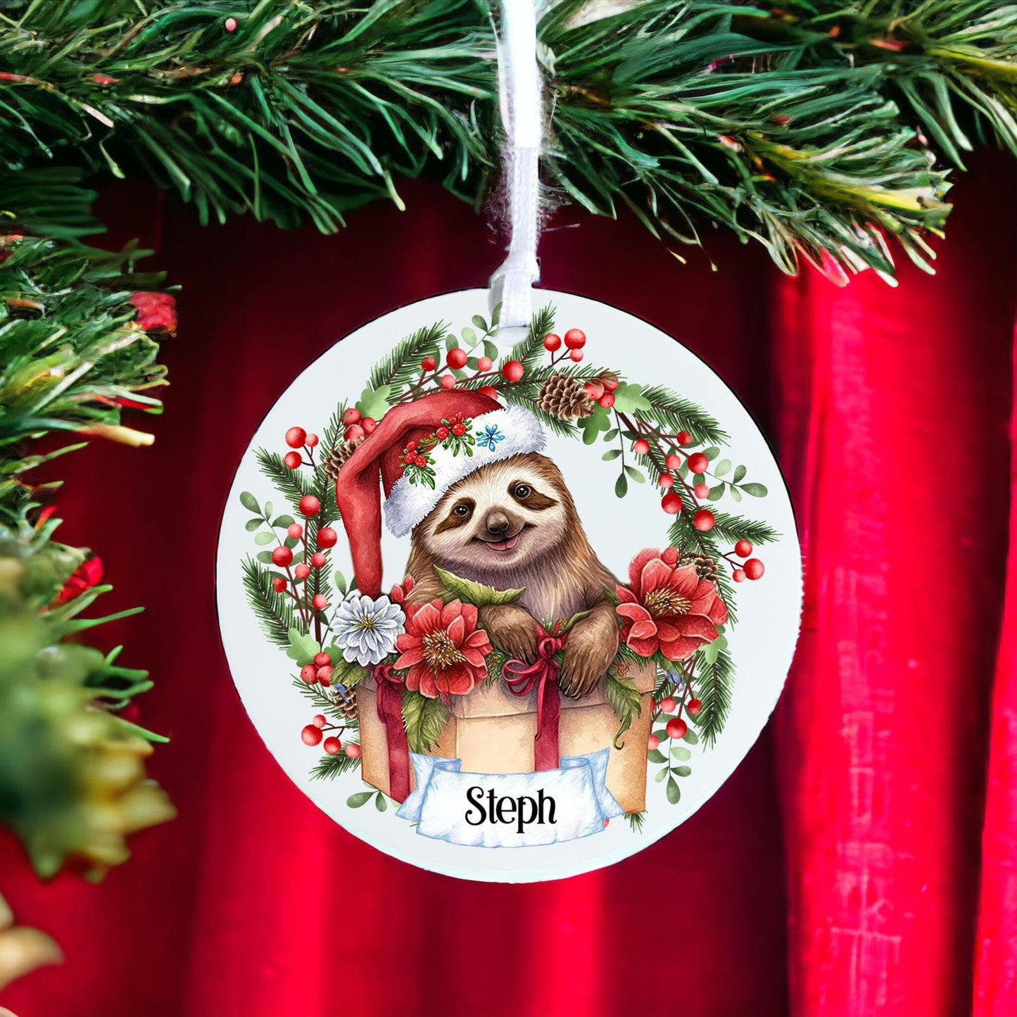 Personalised Sloth Out Of Present - Acrylic Bauble Christmas Tree Ornament Decoration Gift Keepsake