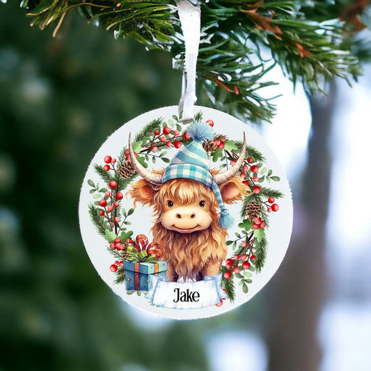 Personalised Cute Highland Cow C - Acrylic Bauble Christmas Tree Ornament Decoration Gift Keepsake