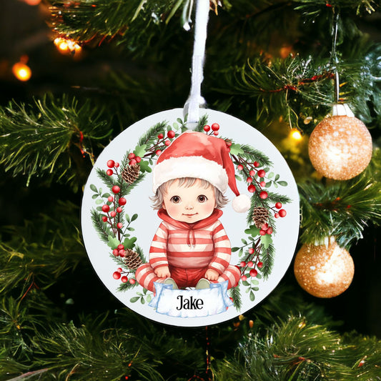 Personalised Cute Child In Red And White Outfit - Acrylic Bauble Christmas Tree Ornament Decoration Gift Keepsake