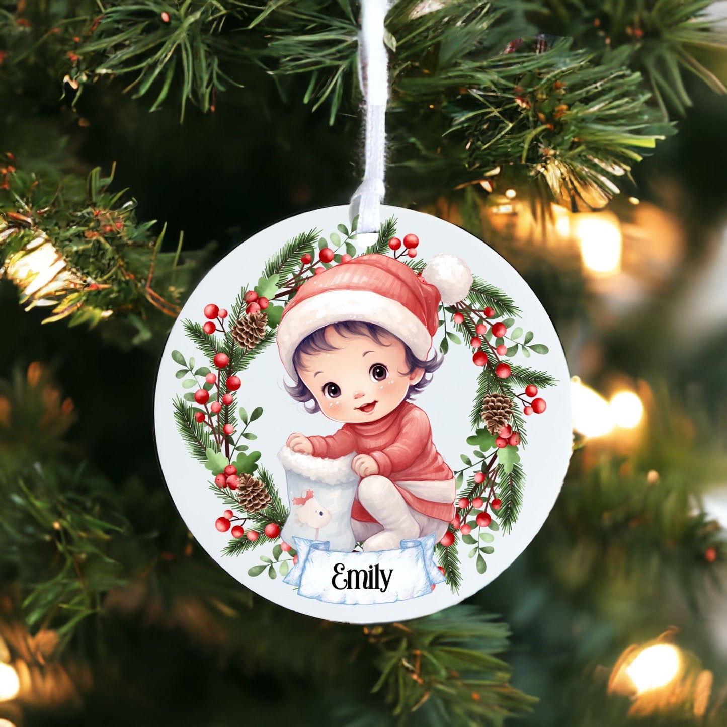 Personalised Cute Child In Red And White Bauble H - Acrylic Bauble Christmas Tree Ornament Decoration Gift Keepsake