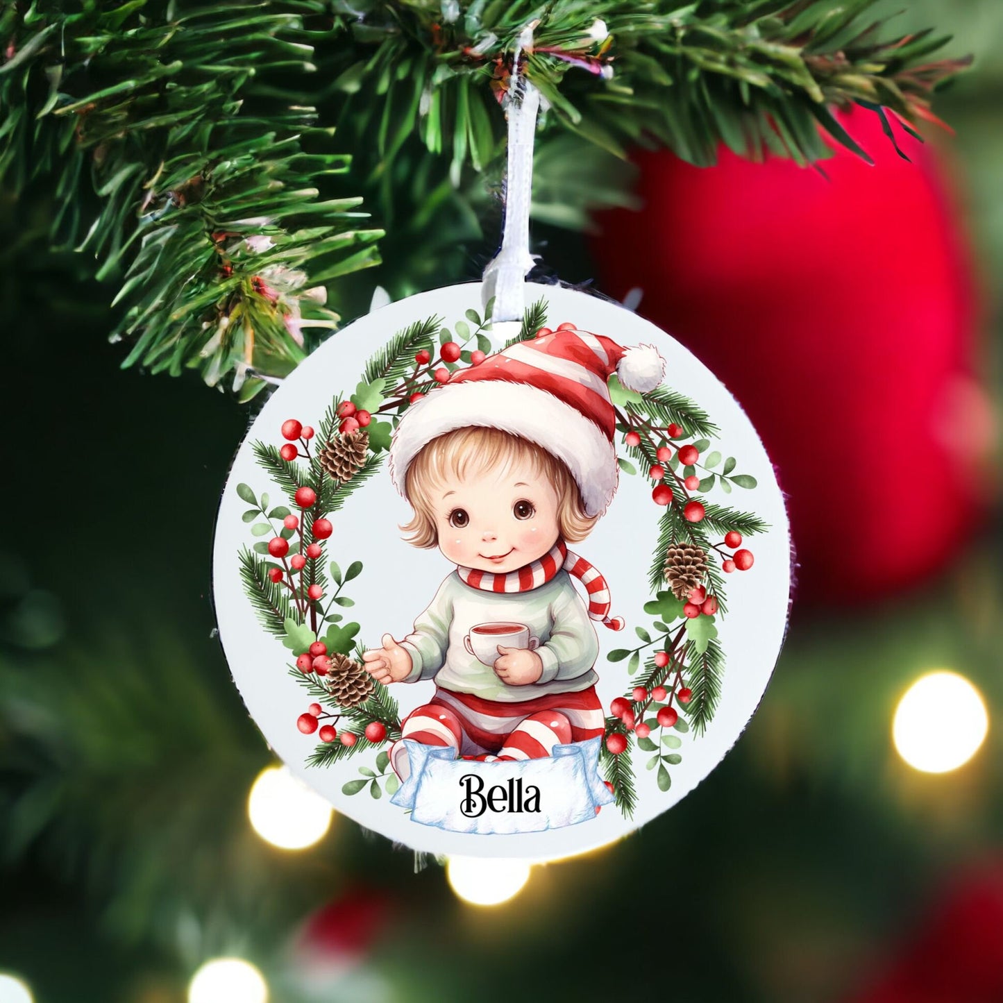 Personalised Cute Child In Red And White Bauble I - Acrylic Bauble Christmas Tree Ornament Decoration Gift Keepsake