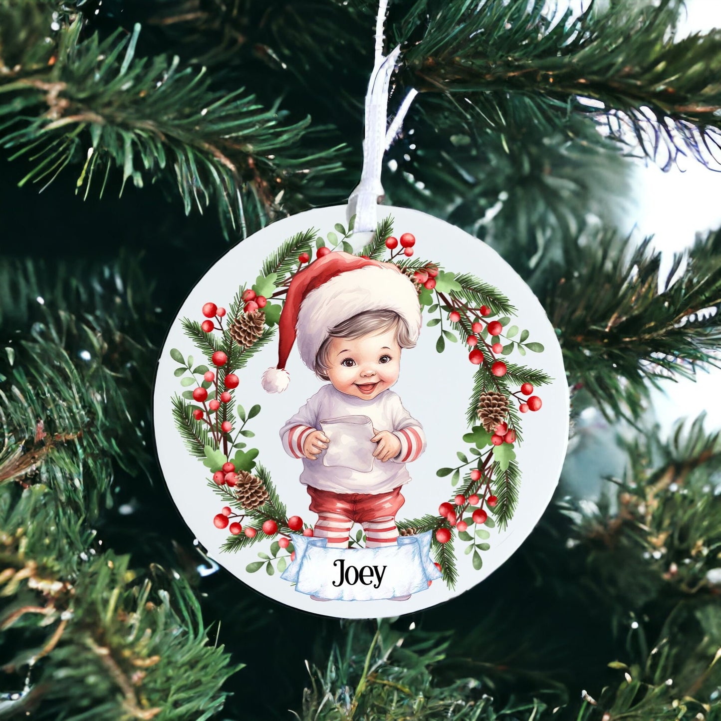 Personalised Cute Child In Red And White Bauble S - Acrylic Bauble Christmas Tree Ornament Decoration Gift Keepsake