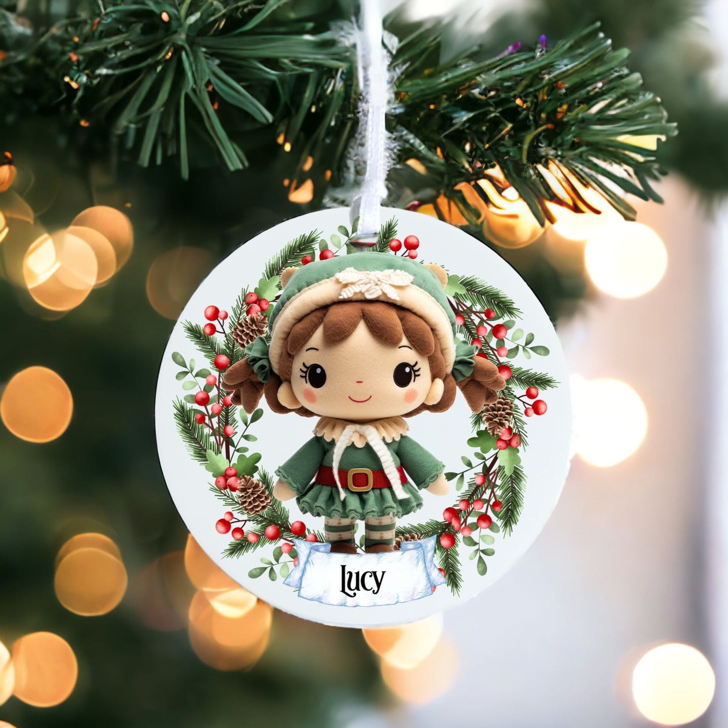 Personalised Cute Child Knitted Stitched Doll I - Acrylic Bauble Christmas Tree Ornament Decoration Gift Keepsake