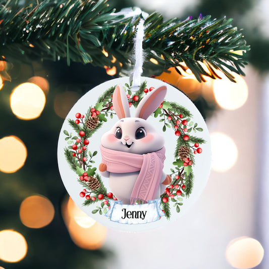 Personalised Cute Bunny Rabbit - Acrylic Bauble Christmas Tree Ornament Decoration Gift Keepsake