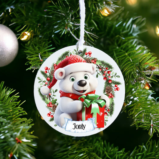 Personalised Cute Polar Bear - Acrylic Bauble Christmas Tree Ornament Decoration Gift Keepsake