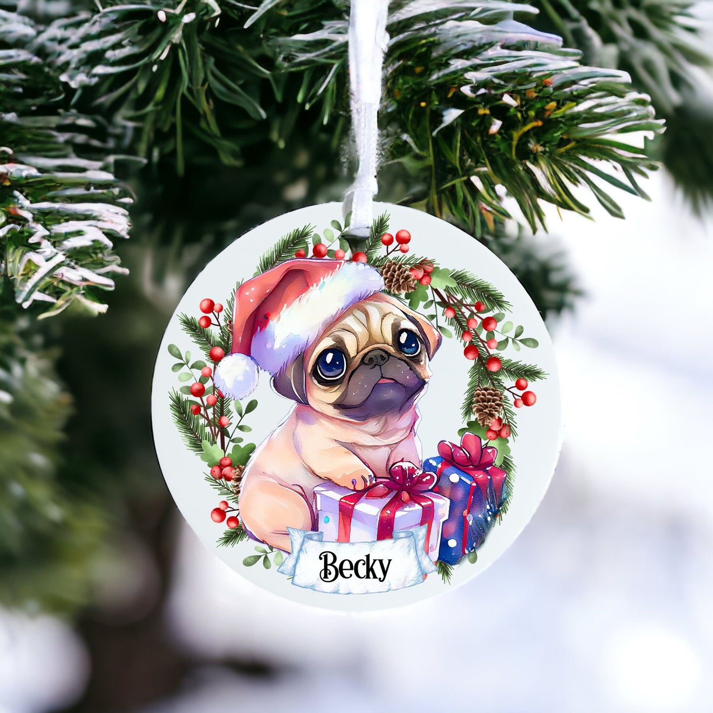 Personalised Cute Pug Dog  - Acrylic Bauble Christmas Tree Ornament Decoration Gift Keepsake