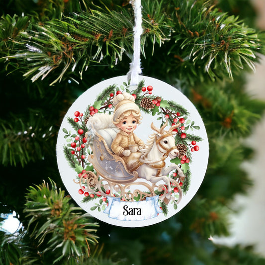 Personalised Cute Child In Sleigh - Acrylic Bauble Christmas Tree Ornament Decoration Gift Keepsake