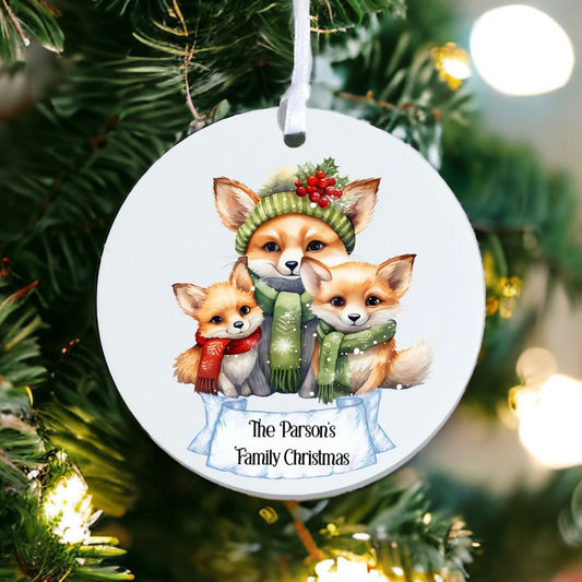 Personalised Fox Family - Acrylic Bauble Christmas Tree Ornament Decoration Gift Keepsake