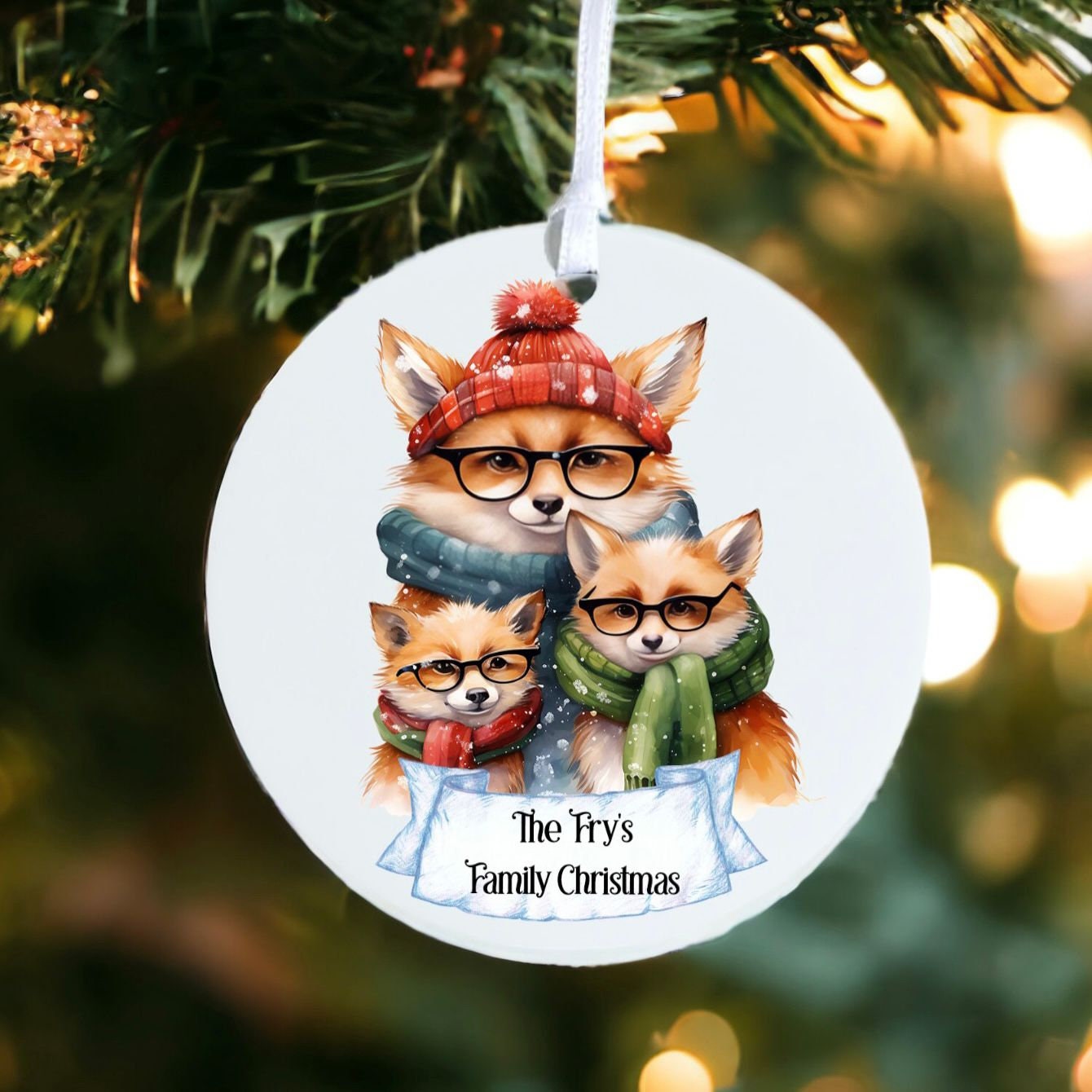 Personalised Fox Family B - Acrylic Bauble Christmas Tree Ornament Decoration Gift Keepsake