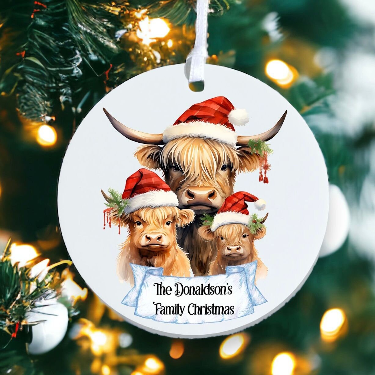 Personalised Highland Cow Family - Acrylic Bauble Christmas Tree Ornament Decoration Gift Keepsake