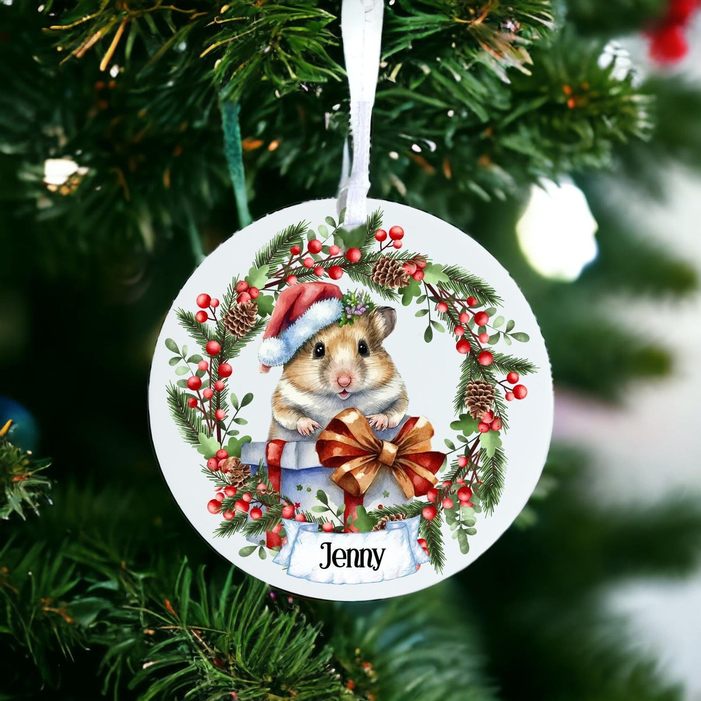 Personalised Hamster Out Of Present - Acrylic Bauble Christmas Tree Ornament Decoration Gift Keepsake