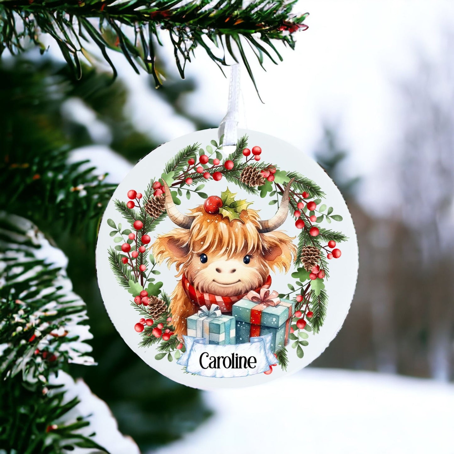 Personalised Cute Highland Cow A - Acrylic Bauble Christmas Tree Ornament Decoration Gift Keepsake