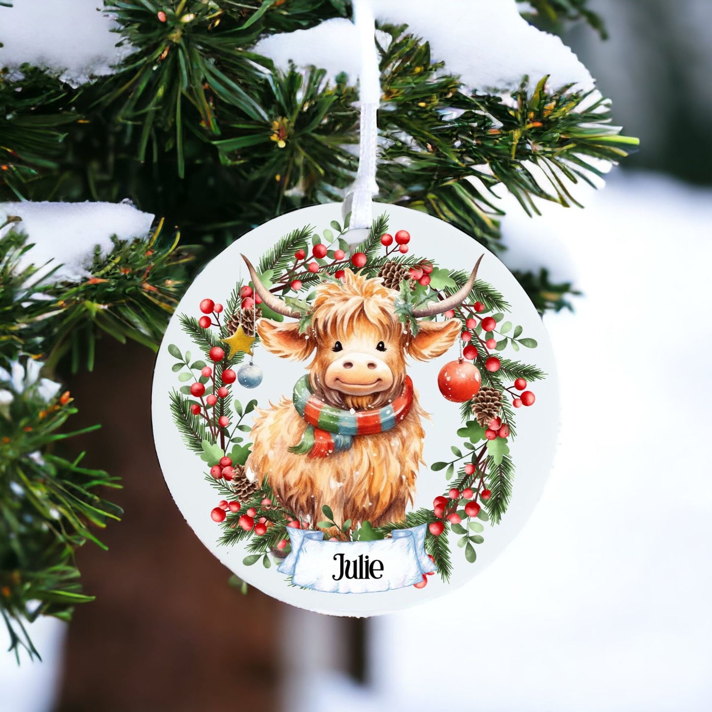 Personalised Cute Highland Cow B - Acrylic Bauble Christmas Tree Ornament Decoration Gift Keepsake