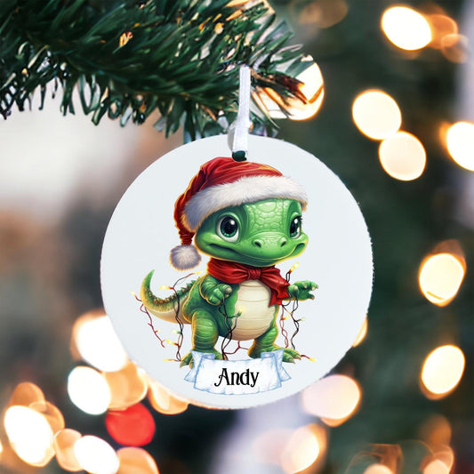 Personalised Cute T Rex In Lights Bauble - Acrylic Bauble Christmas Tree Ornament Decoration Gift Keepsake