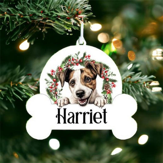 Personalised Christmas Bauble with Parson Russell Terrier sat in a wreath