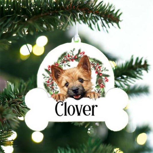 Personalised Christmas Bauble with Norwich Terrier sat in a wreath