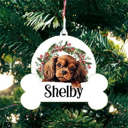 Personalised Christmas Bauble with English Toy Spaniel sat in a wreath