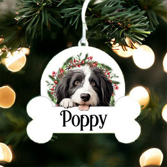 Personalised Christmas Bauble with Bearded Collie sat in a wreath