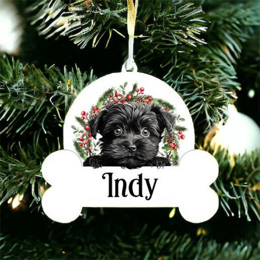 Personalised Christmas Bauble with Affenpinscher sat in a wreath