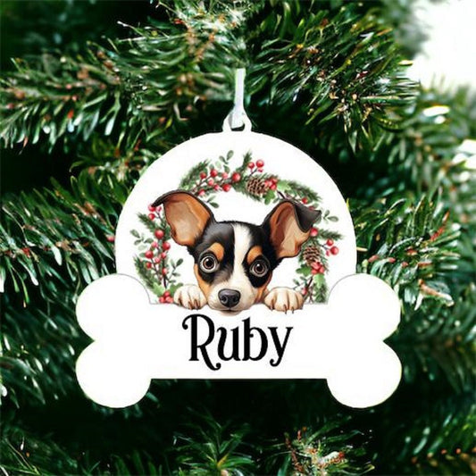 Personalised Christmas Bauble with Toy Fox Terrier sat in a wreath